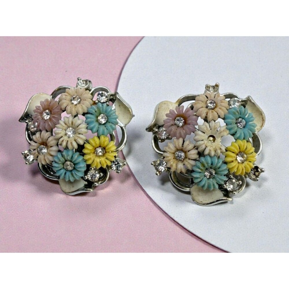 Vtg Floral Pastel Clip-On Earrings Silver Tone Enamel Flowers Rhinestones Easter